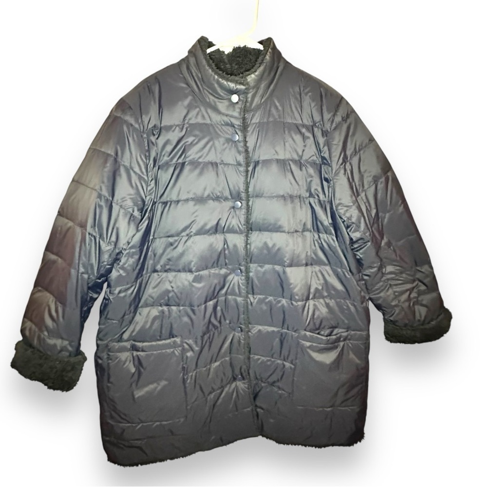 J. Jill Navy Reversible Down Nylon Sherpa Puffer Coat Snap Front XL Tall